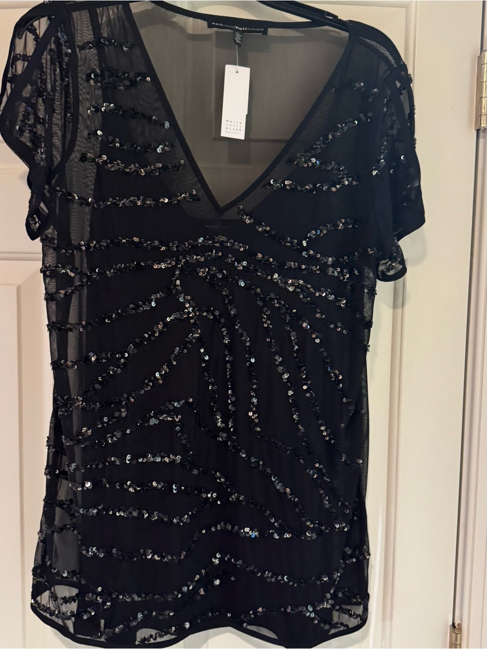WHBM Black Sequin Mesh V-Neck black top size L NWT detachable tank inside